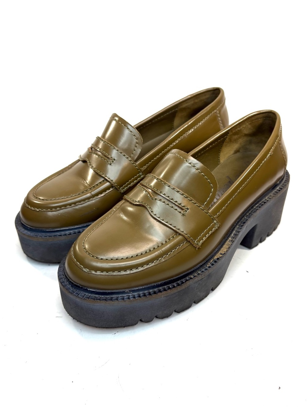 Free People Decker Loafers Platform Olive Green Leather Lug Sole | 36